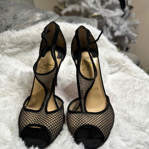 Christian Louboutin Shoes - Christian Louboutin Suede Mesh Accents T-Strap Pumps